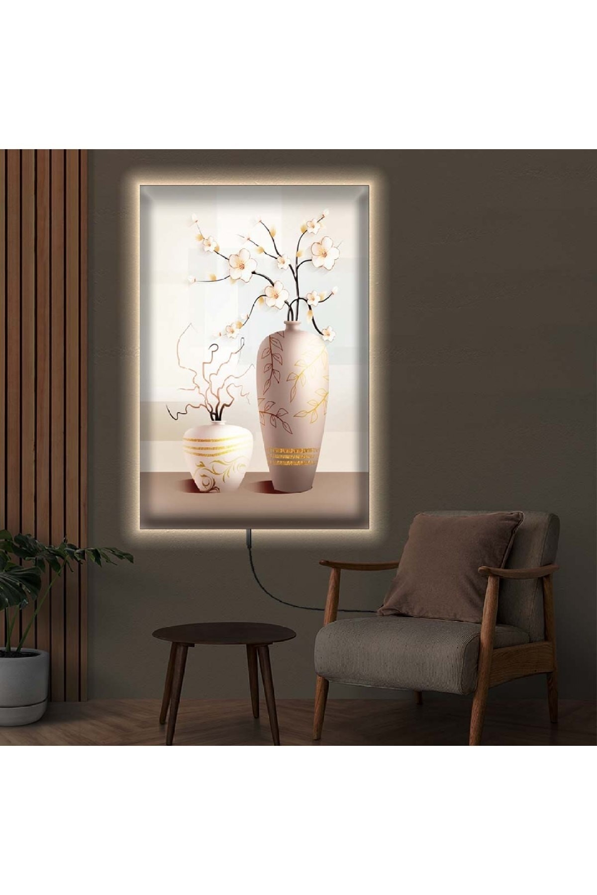 Renkli Ledli Kolaj Çizim Vazo Ahşap Şase Dijital Baskı Kanvas Tablo 90X60Cm