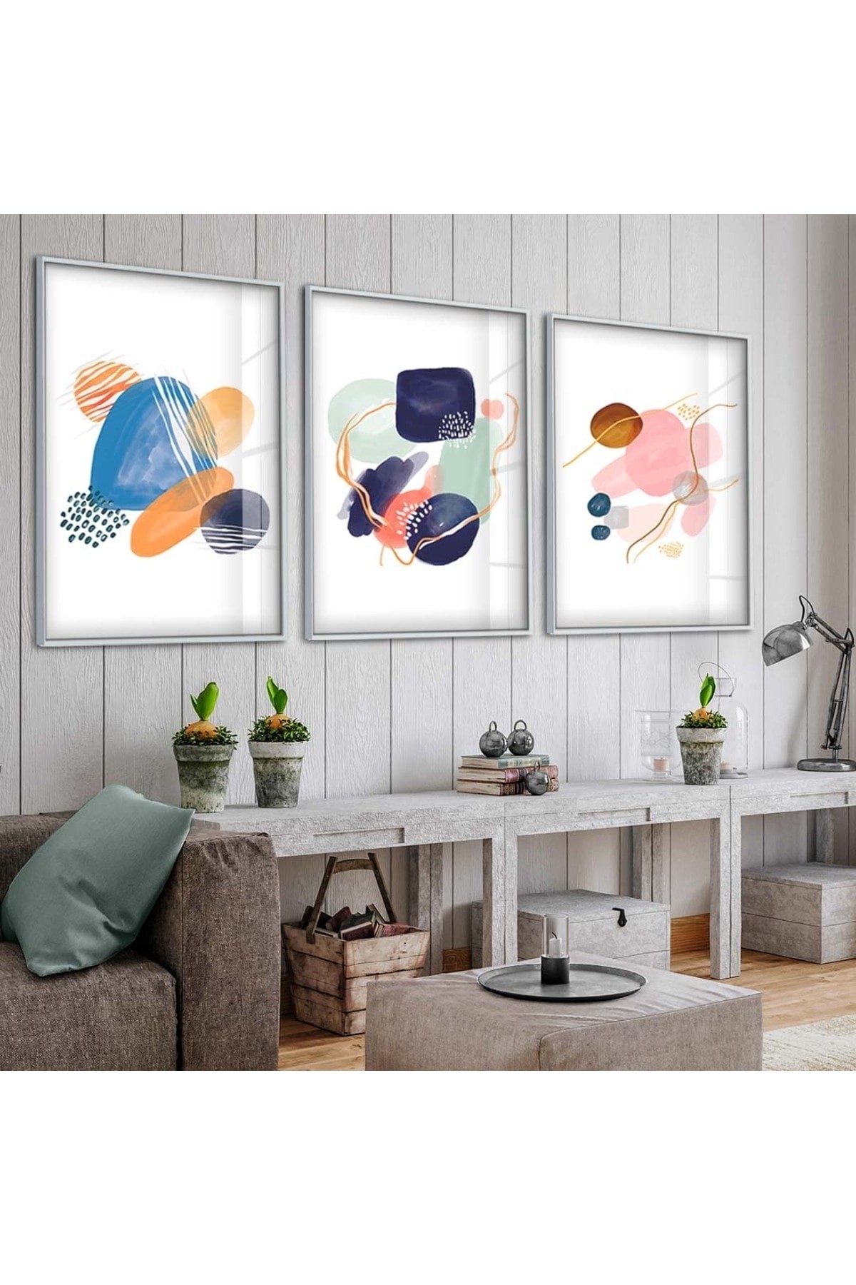 Minimalist Tablo Soyut 3'Lü Metal Çerçeveli UV Baskı Kırılmaz Cam Tablo Seti