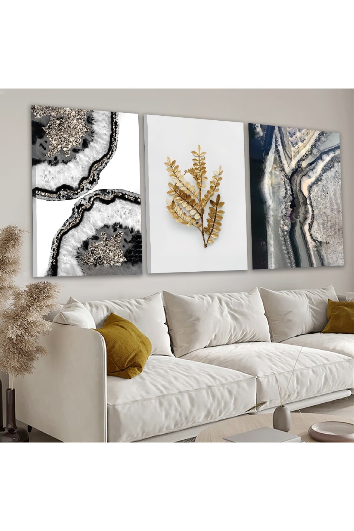Canlı Minimalist Kolaj Çizim 3'Lü Ahşap Şase Dijital Baskı Kanvas Tablo