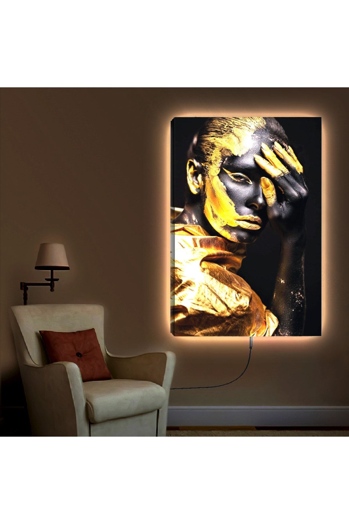 Ledli 90x60 Altın Kadın Kanvas Tablo
