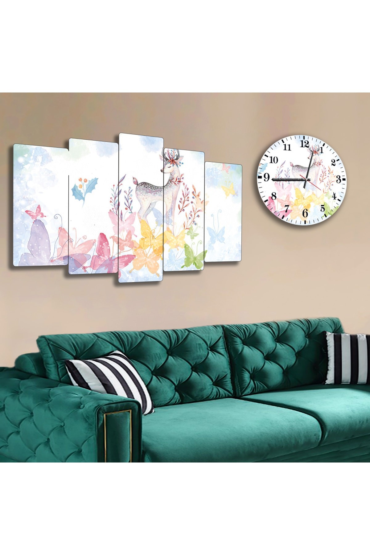 Sevimli Geyik Çocuk Odası Solmaz MDF Tablo Ve Saat Kombin
