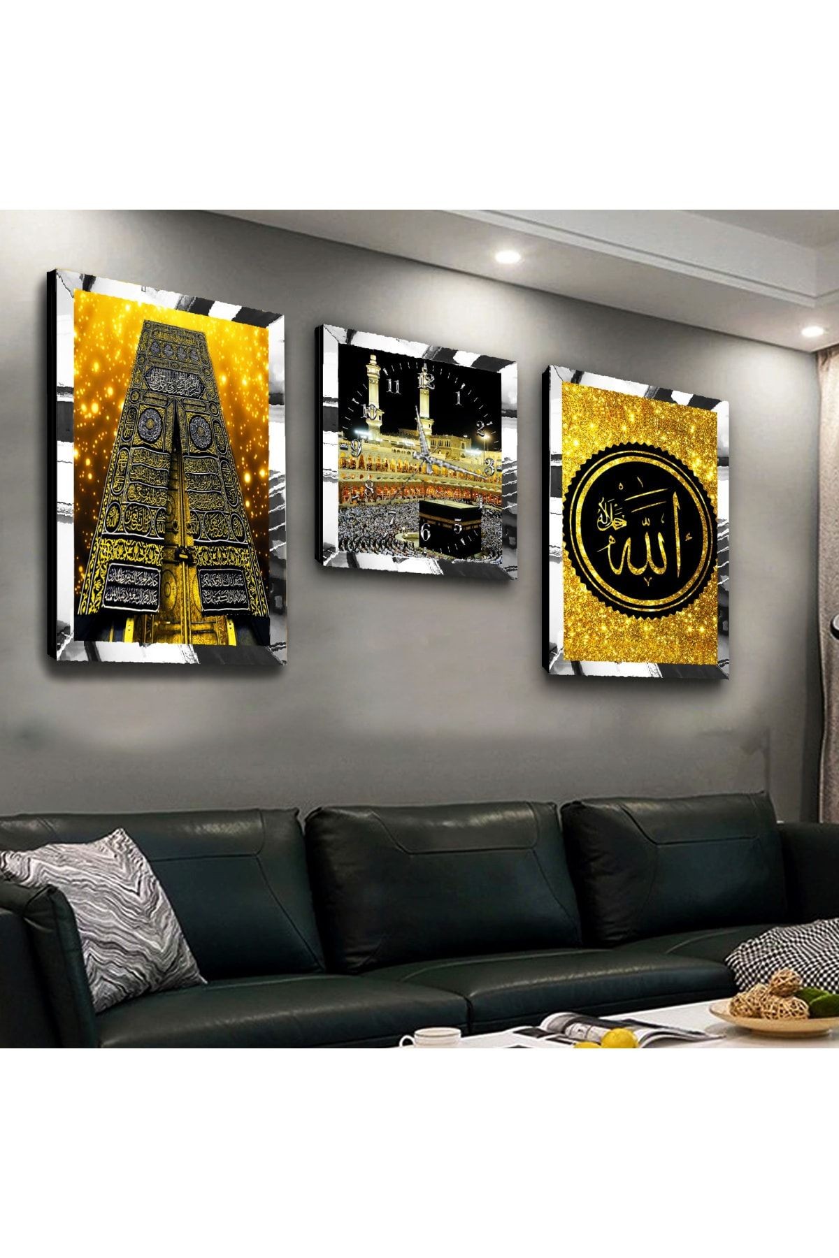 Gold Aynalı Pleksi Çerçeveli Kabe Ve Allah Lafzı Dini Üçlü Mdf Tablo Seti Ve Saat Seti
