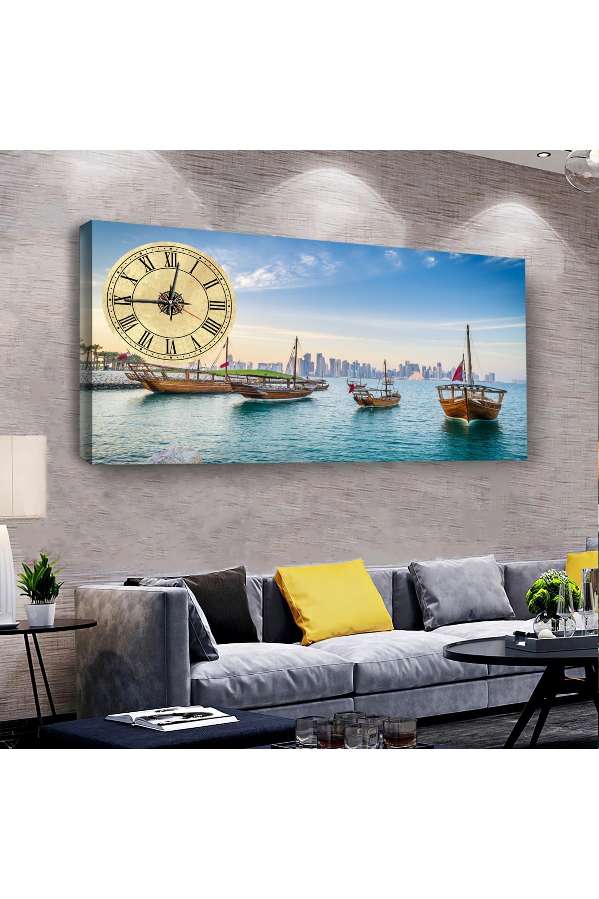 Ağaç Gemi saatliAhşap Şase Dijital Baskı Kanvas Tablo 100X50Cm