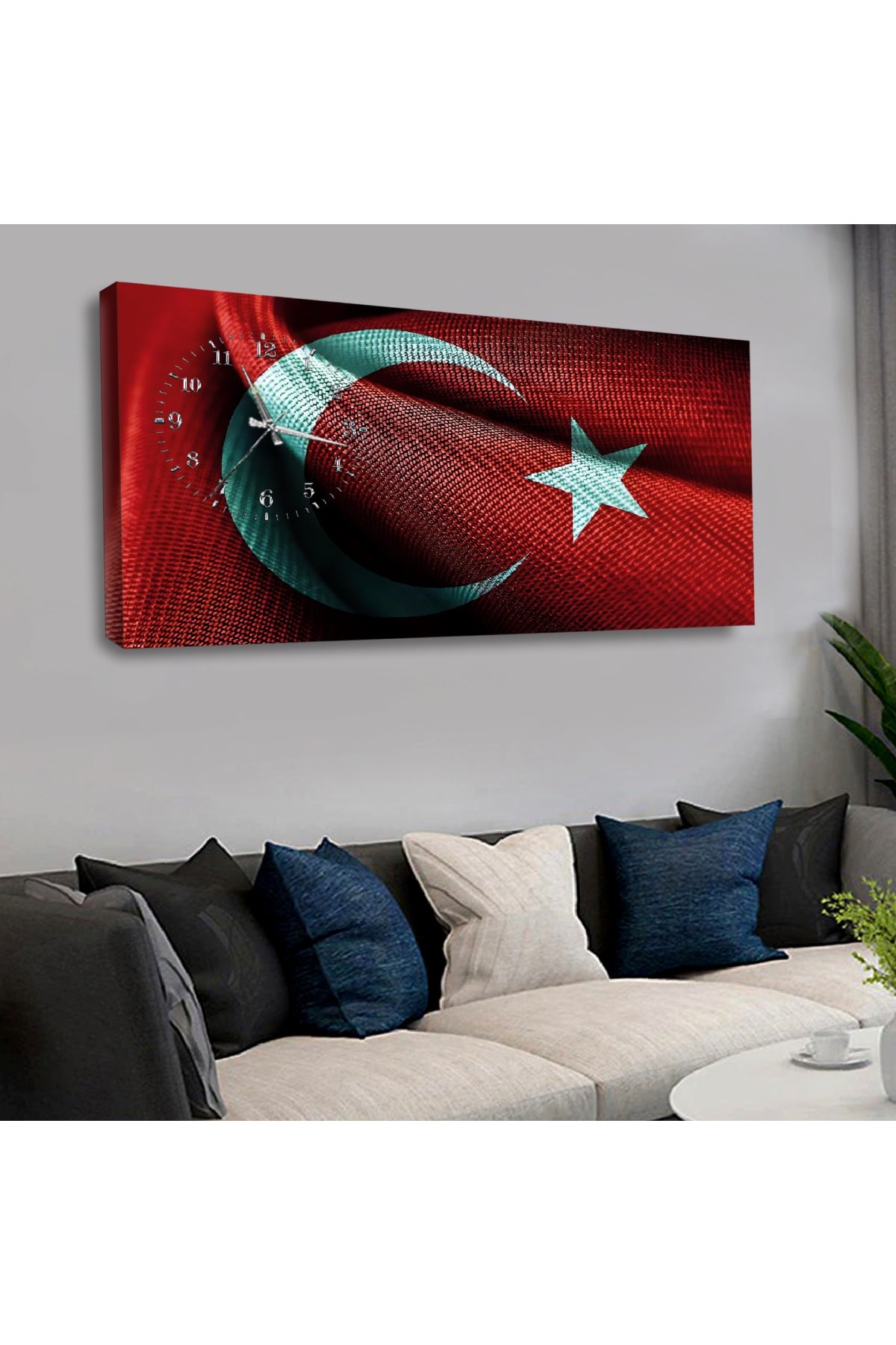 Türk Bayrağı saatliAhşap Şase Dijital Baskı Kanvas Tablo