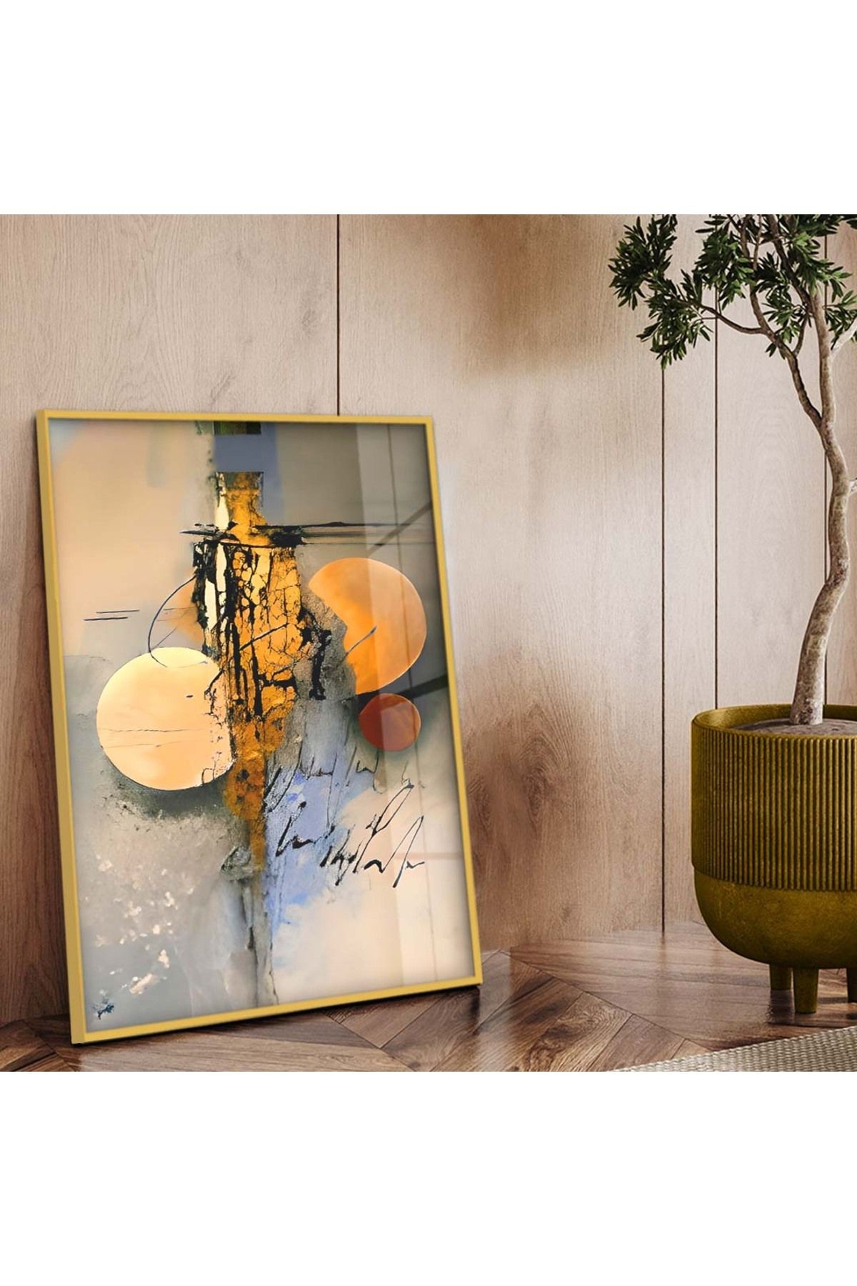 Gold Metal Çerçeveli Modern Çizim Kırılmaz Cam Tablo