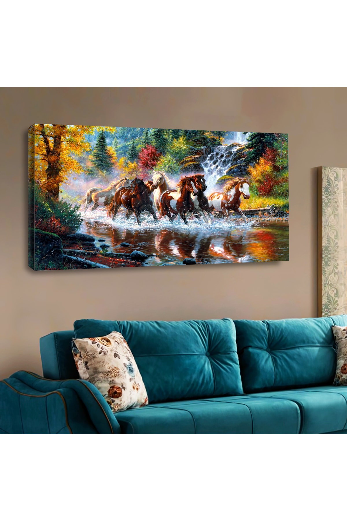 Koşan Atlar Ahşap Şase Dijital Baskı Kanvas Tablo 120X60Cm