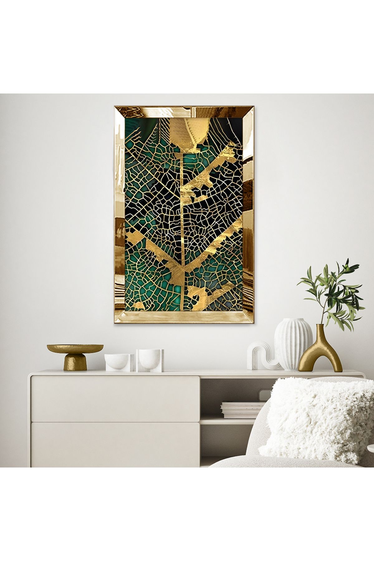 Gold Aynalı Pleksi Çerçeveli Altın Yaprak Desenli Soyut Çizim Mdf Tablo