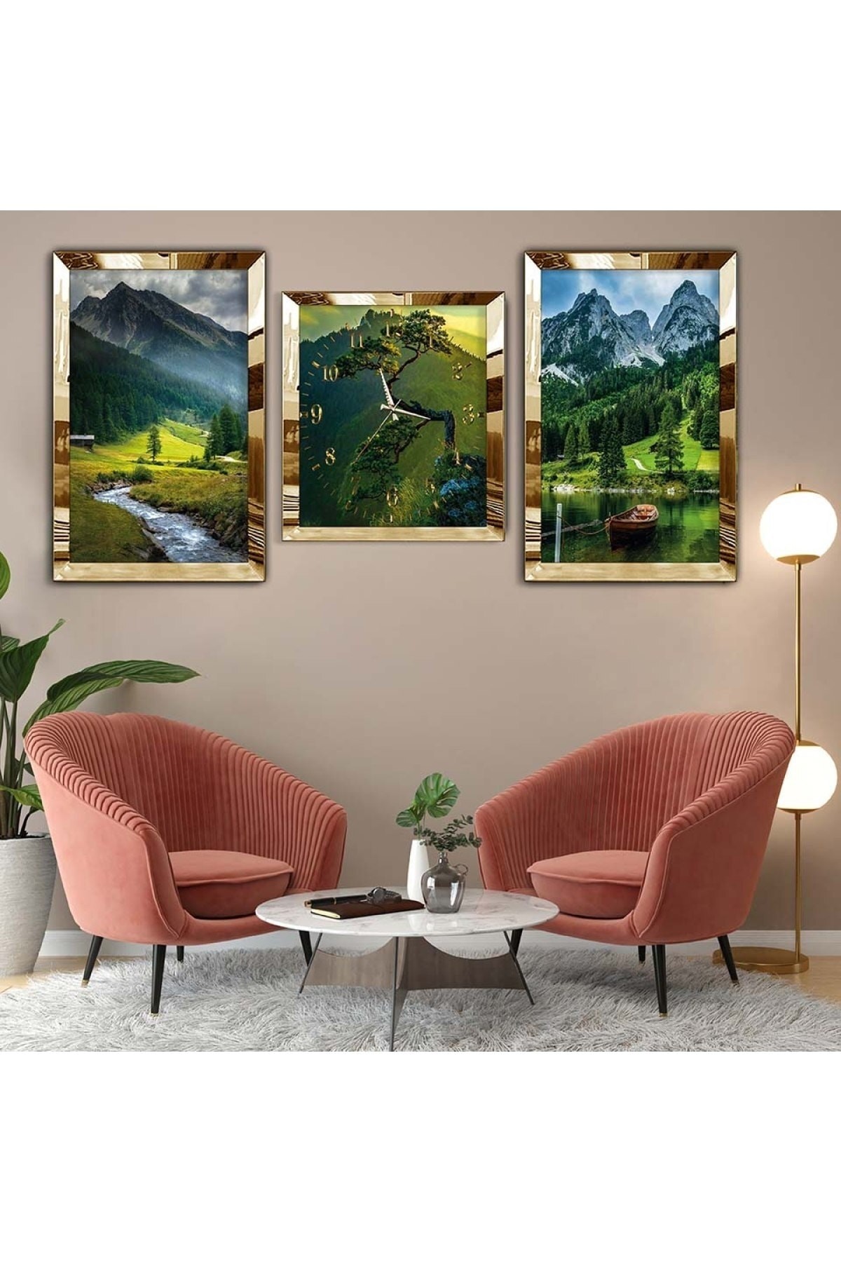 Tasarım Tablo Gold Pleksi Kenar 3'Lü Solmaz MDF Tablo Saat Seti