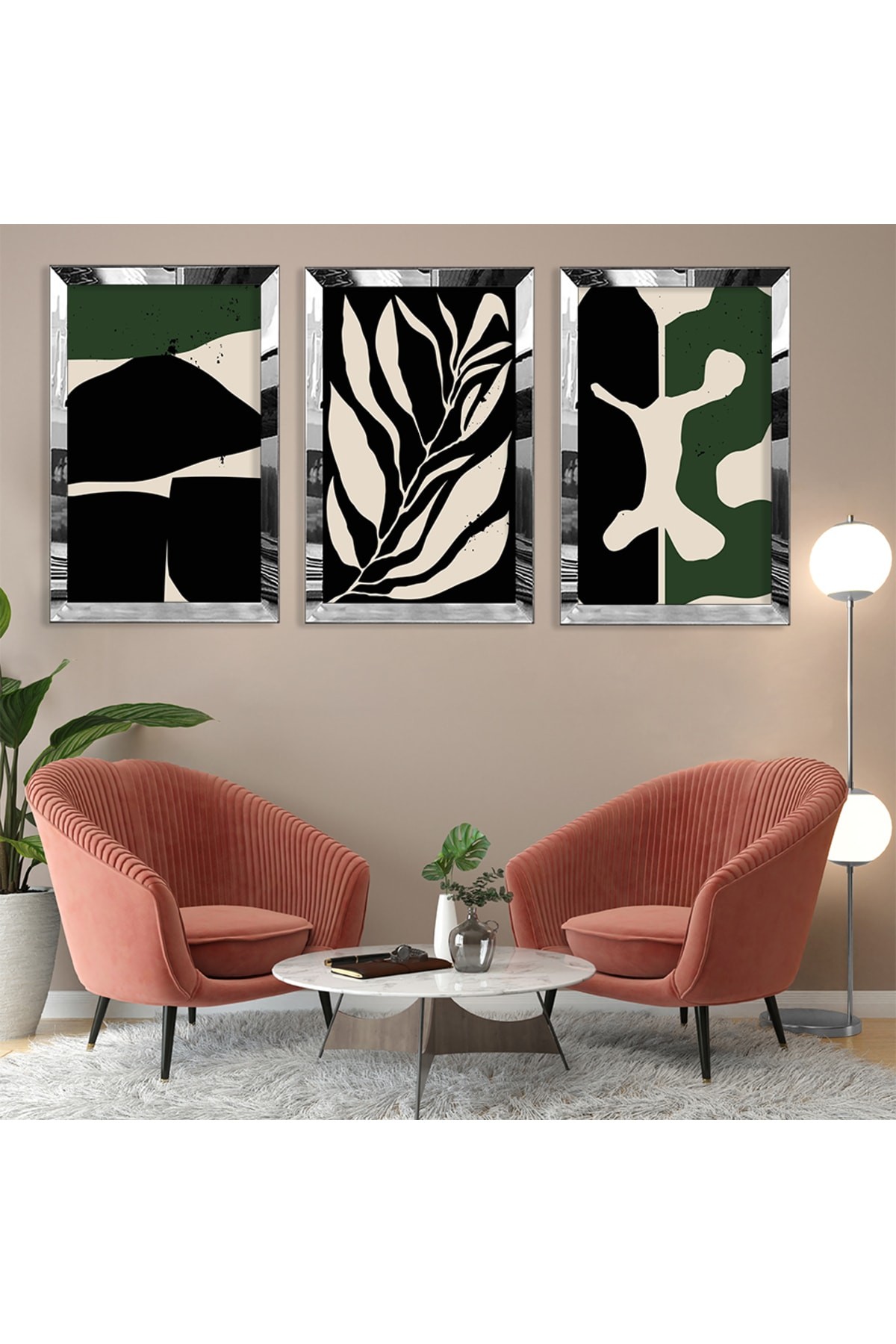 Minimalist Soyut Desen Gold Pleksi Kenar 3'Lü Solmaz MDF Tablo Ve Saat Kombin