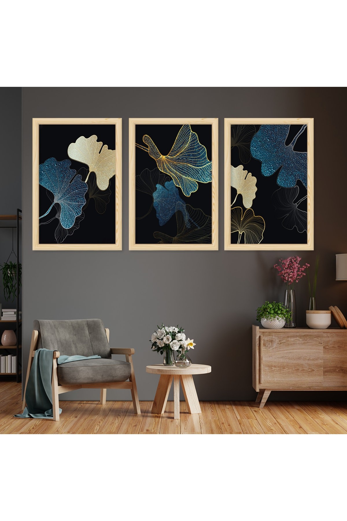 Canlı Minimalist Ahşap Çerçeveli Kolaj Çizim Çiçek Tablo