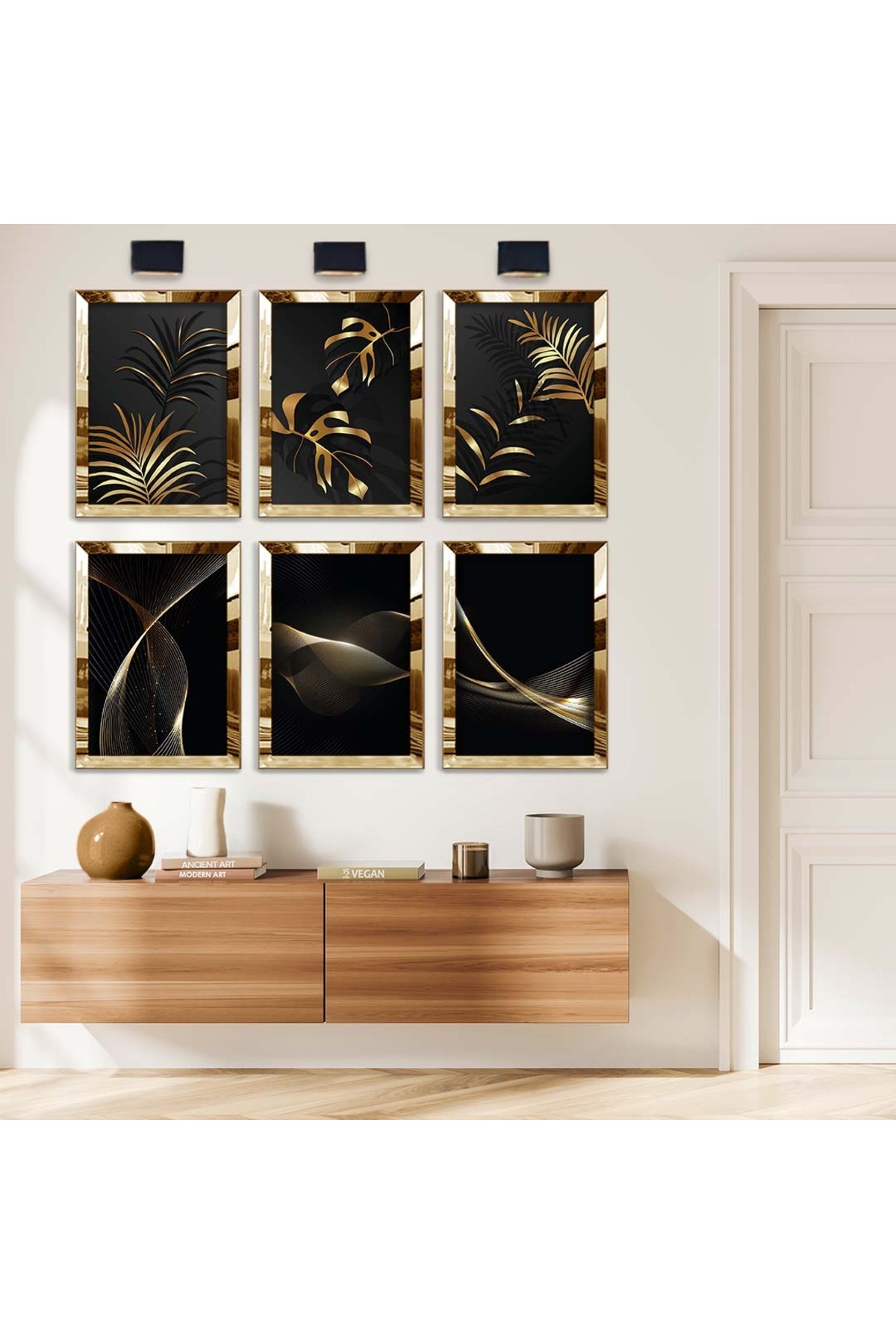 Gold Yaprak Ve Soyut Tema 6'Lı Pleksi Kenar Solmaz MDF Tablo Seti