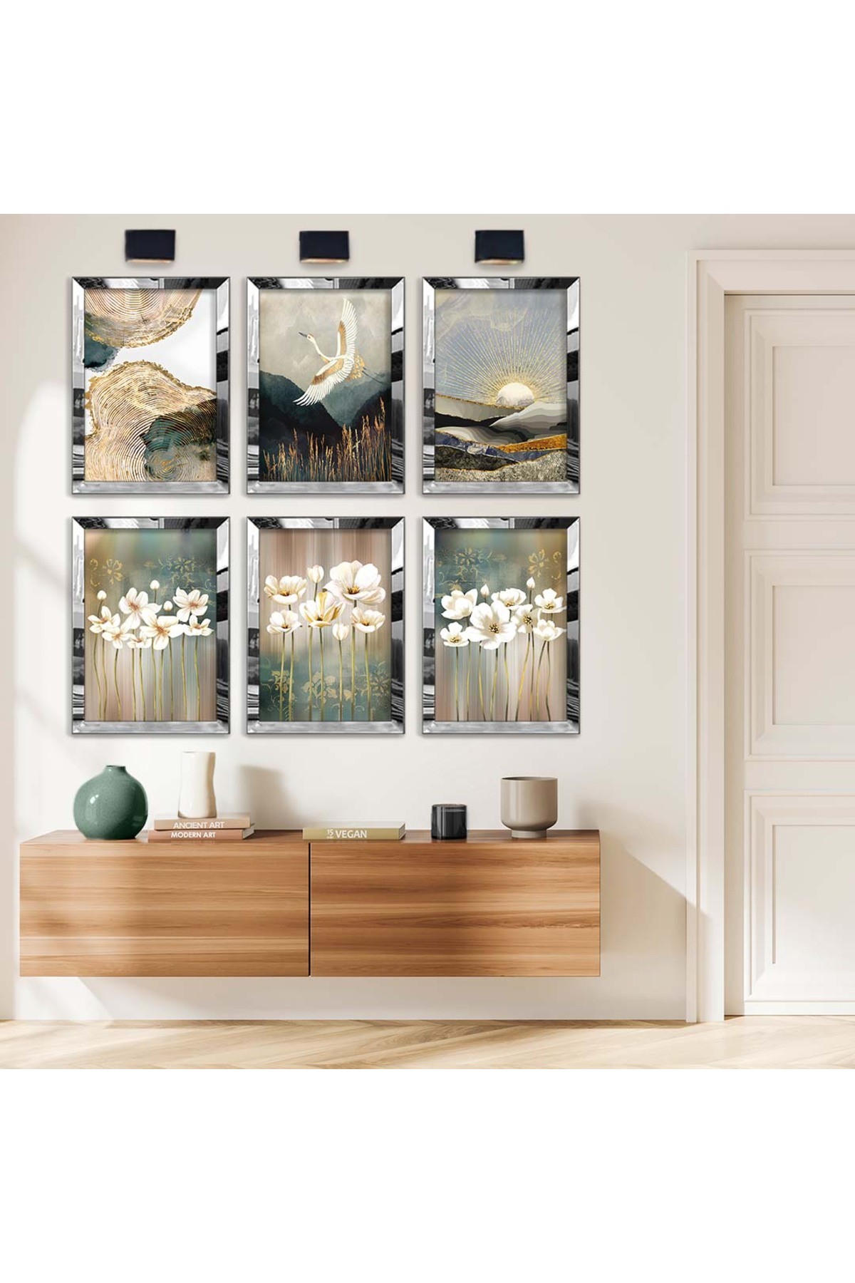 Beyaz Çiçekler Ve Kuş Figürü 6'Lı Pleksi Kenar Solmaz MDF Tablo Seti