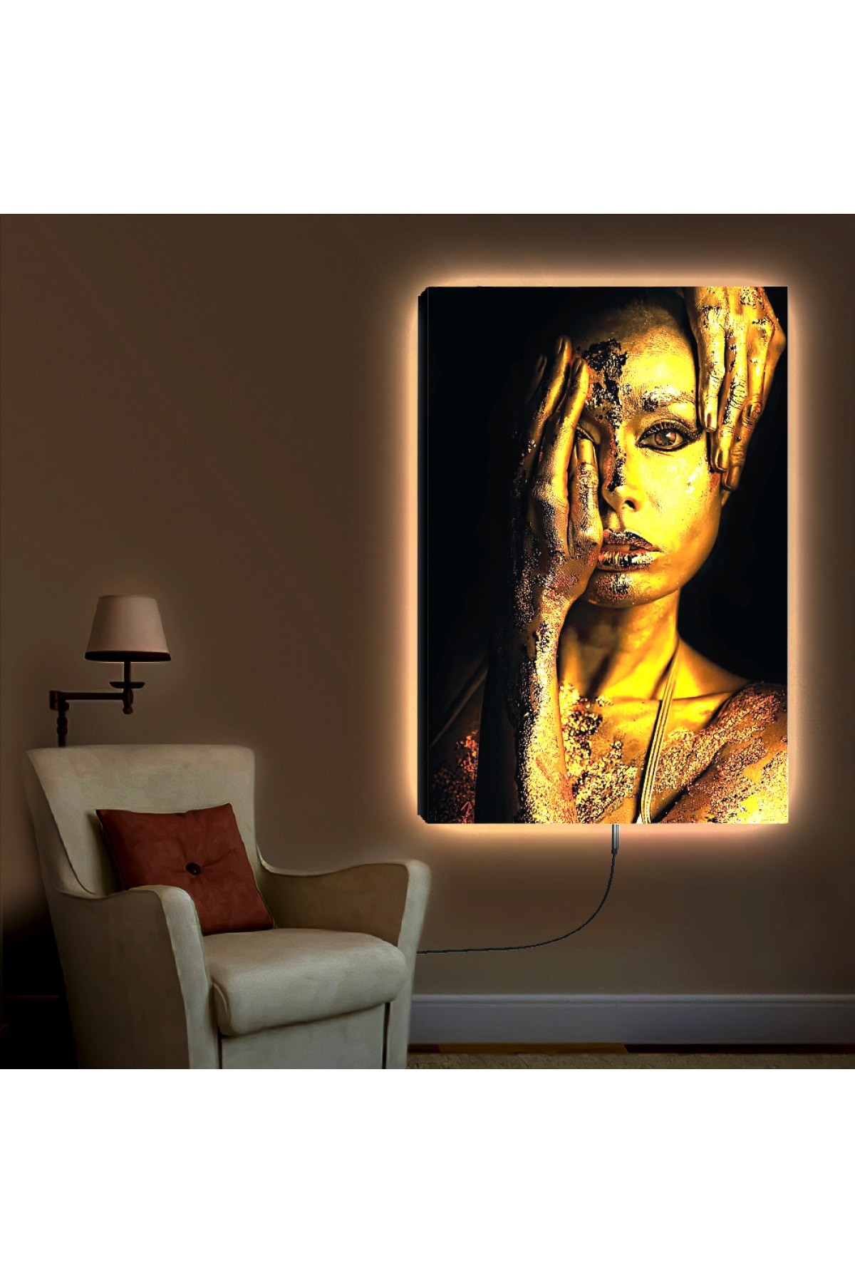 Renkli Ledli Altın Kız Ahşap Şase Dijital Baskı Kanvas Tablo 90X60Cm