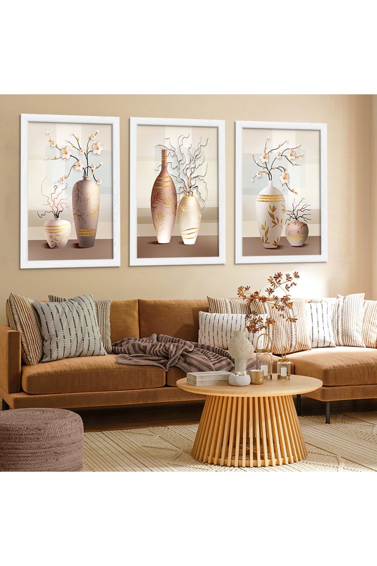 Beyaz Ahşap Çerçeveli Kolaj Çizim Modern Tablo