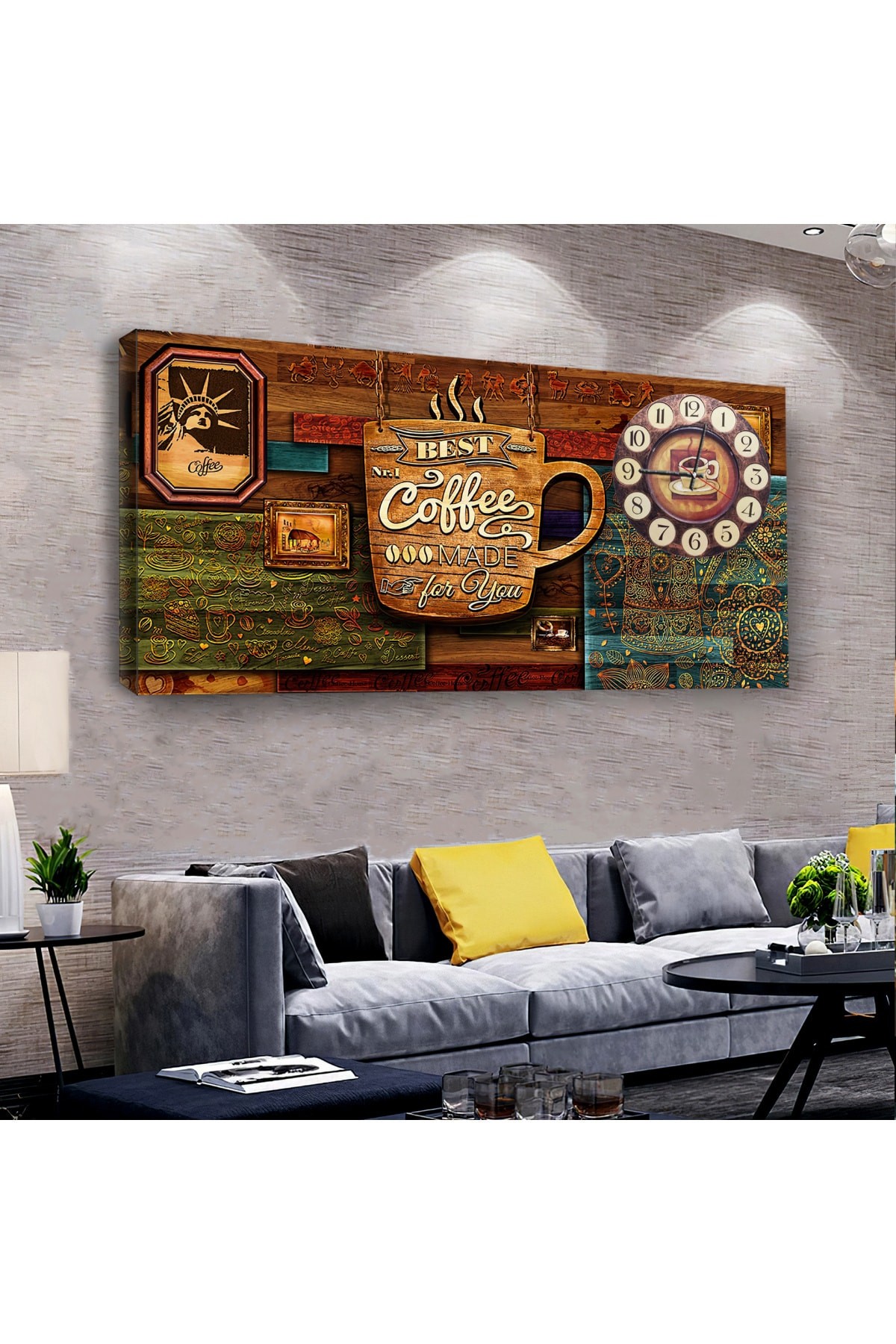 Coffe saatliAhşap Şase Dijital Baskı Kanvas Tablo 120X60Cm