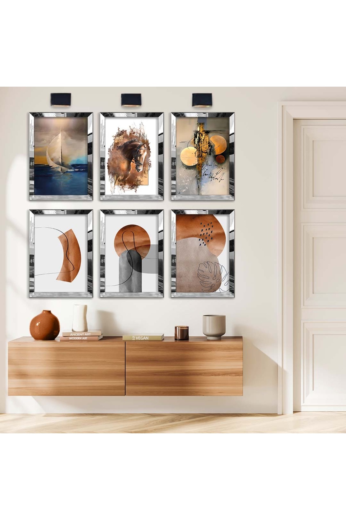 Oturma Odası Tablosu Çizim Ve Geometrik Desen 6'Lı Pleksi Kenar MDF Tablo Seti