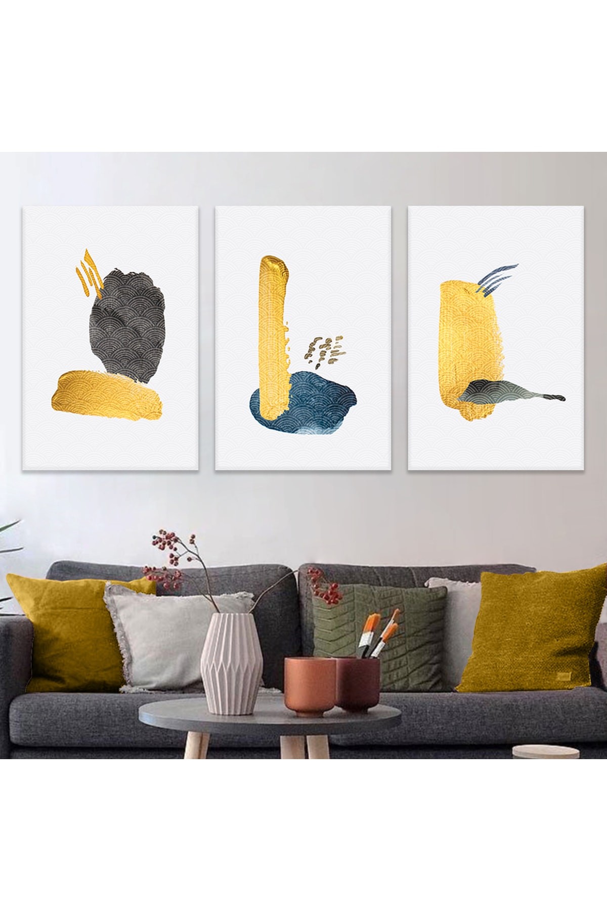 Modern Tablo Soyut Desen Şekiller 3'Lü Ahşap Şase Dijital Baskı Kanvas Tablo