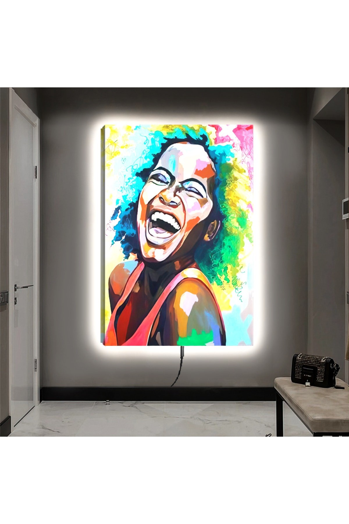 Ledli Afrikalı Küçük Kız Ahşap Şase Dijital Baskı Kanvas Tablo 90X60Cm