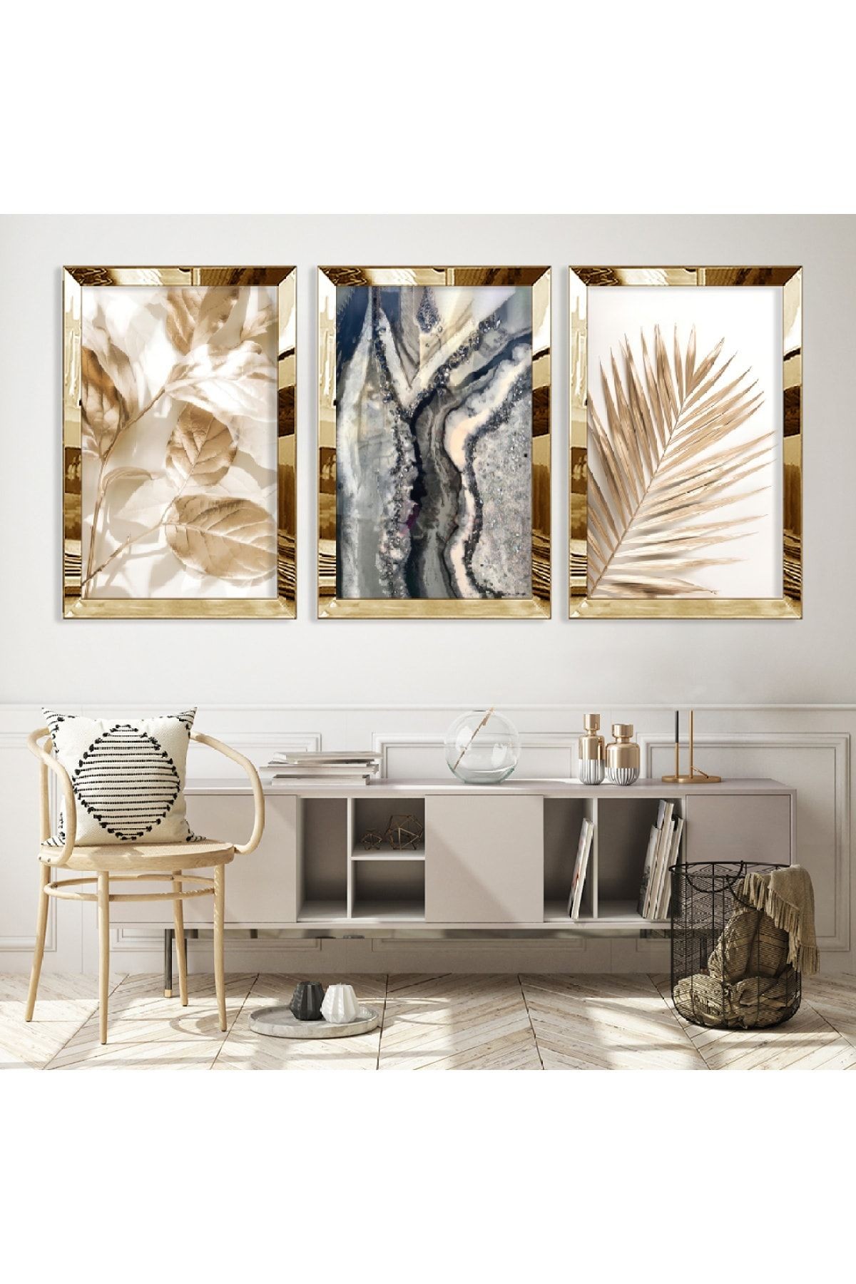 Gold Aynalı Pleksi Çerçeveli Modern Çizim Üçlü Mdf Tablo Seti