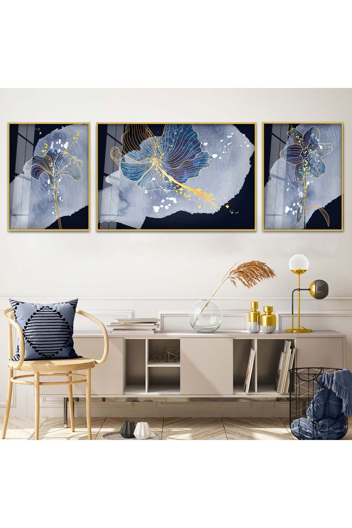 Modern Modern Tablo Çizim Soyut Desen 3'Lü Metal Çerçeveli Kırılmaz Cam Tablo