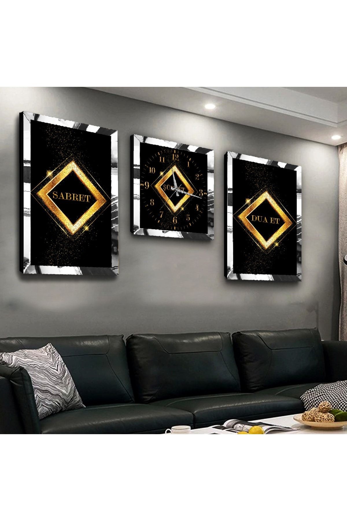 Gold Aynalı Pleksi Çerçeveli Sabret Şükret Dua Et Üçlü Mdf Tablo Seti Ve Saat Seti