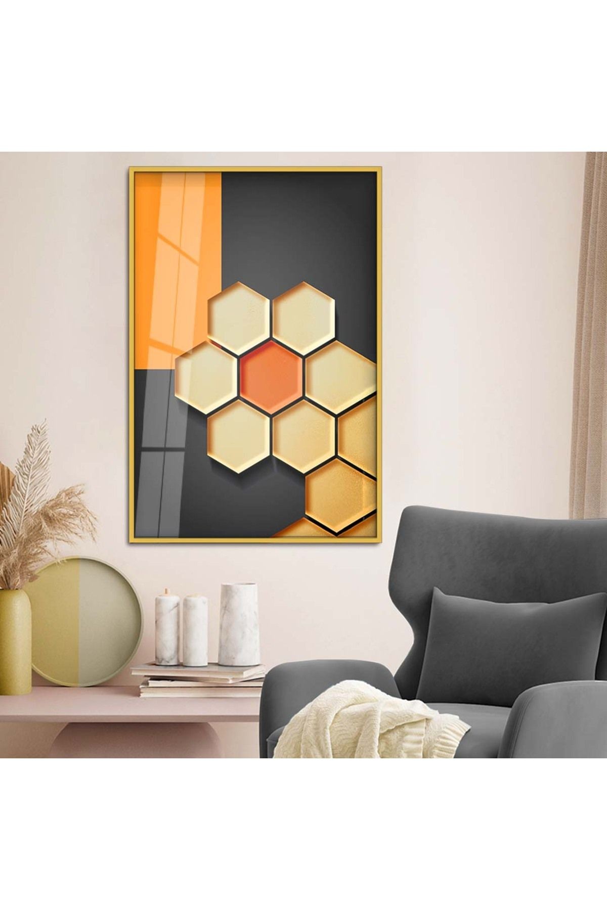 Gold Metal Çerçeveli Geometrik Çizim Soyut Tema Kırılmaz Cam Tablo
