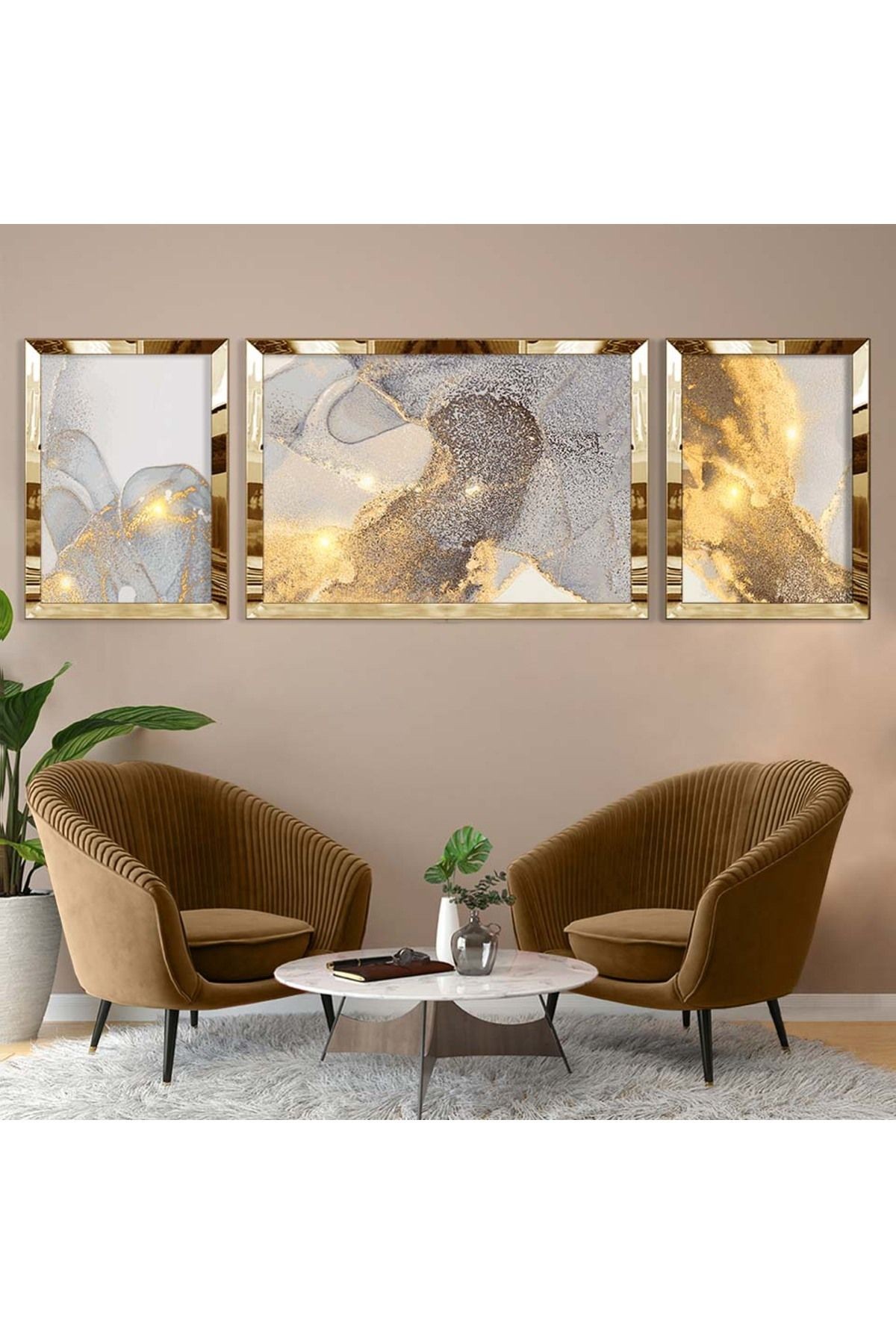 Gold Aynalı Pleksi Çerçeveli Üçlü Gri Arka Planlı Püskürtme Desenli Mdf Tablo Seti