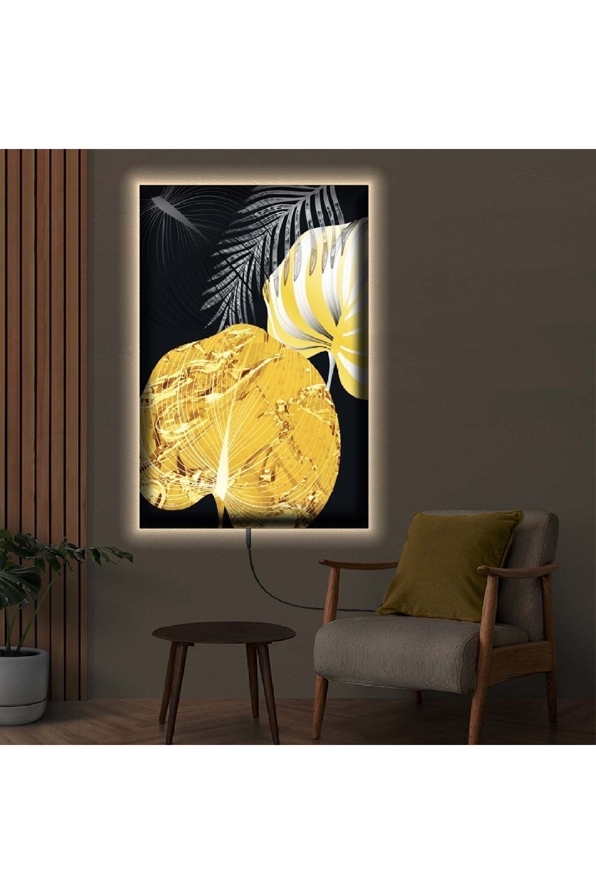 Ledli Kolaj Çizim Yaprak Ahşap Şase Dijital Baskı Kanvas Tablo 90X60Cm
