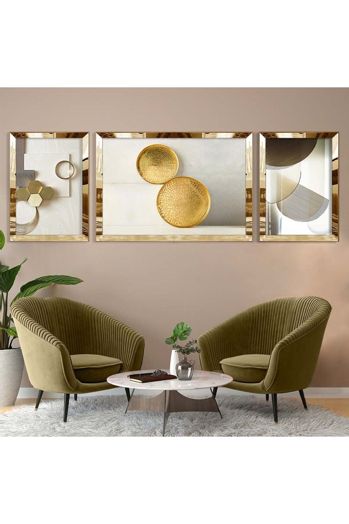 Gold Aynalı Pleksi Çerçeveli Üçlü Gri Ve Beyaz Arka Planlı Gold Desenli Mdf Tablo Seti