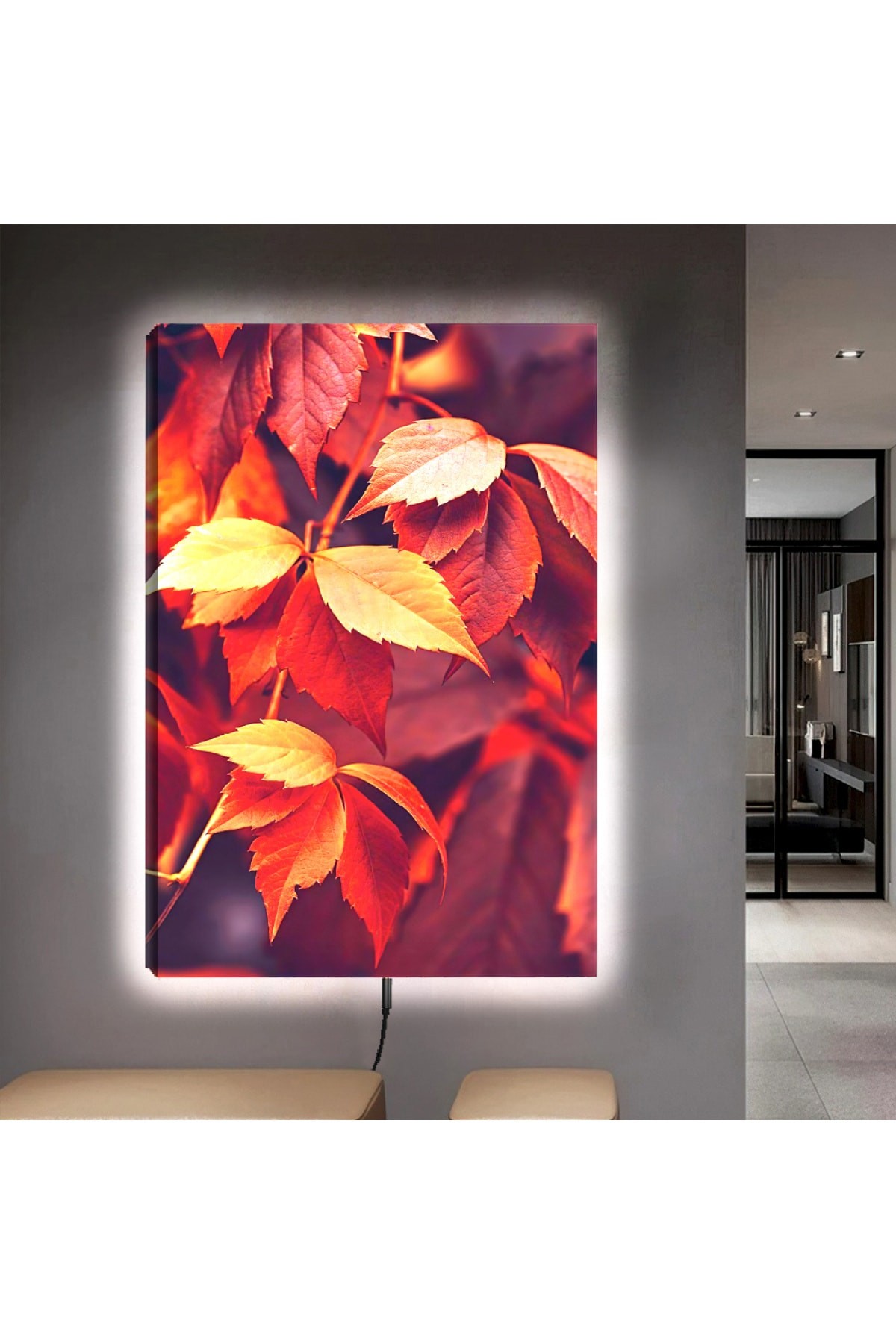 Ledli Sonbahar Yaprakları Manzara Ahşap Şase Dijital Baskı Kanvas Tablo 90X60Cm