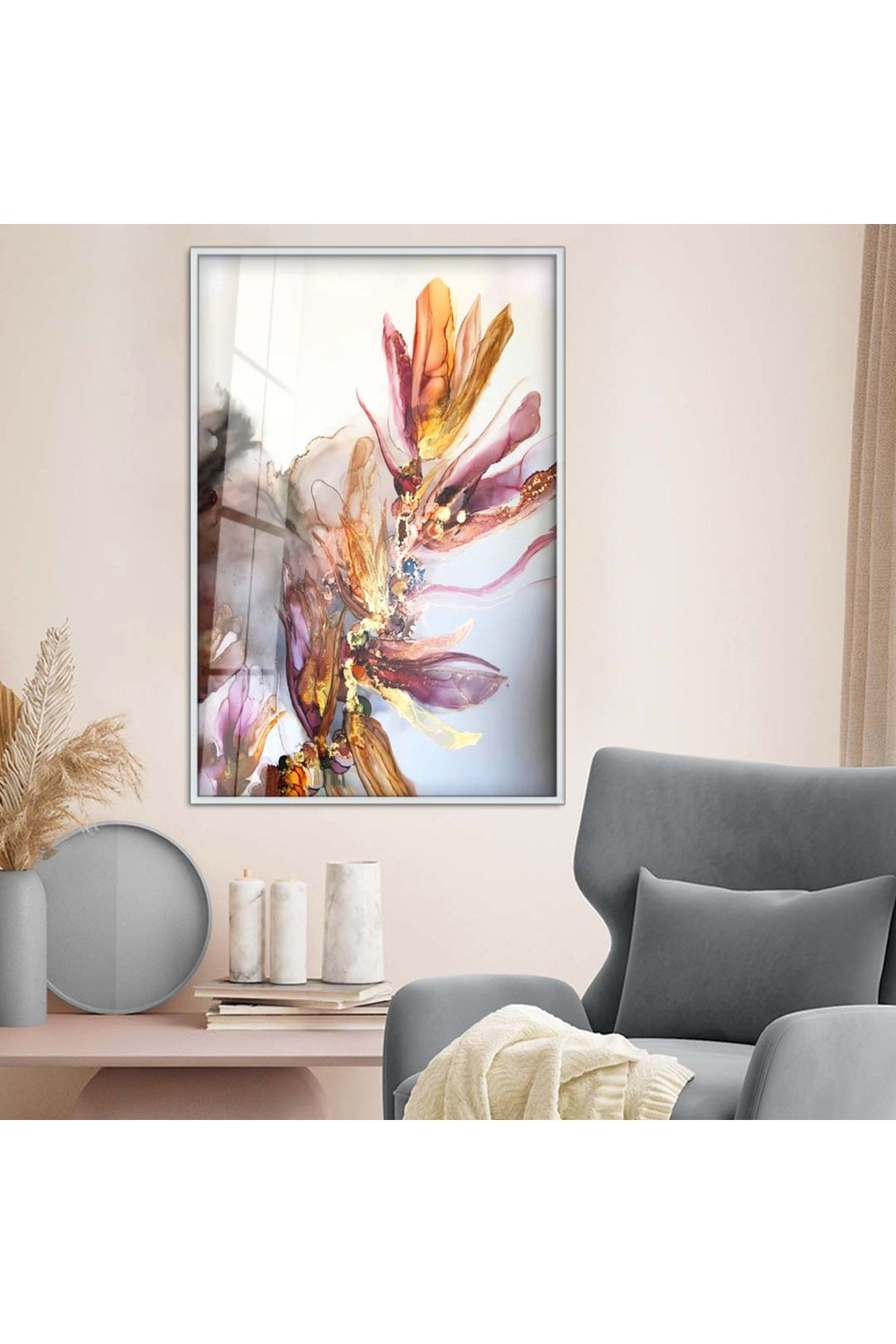 Gümüş Metal Çerçeveli Renkli Çiçek Modern Çizim Kırılmaz Cam Tablo
