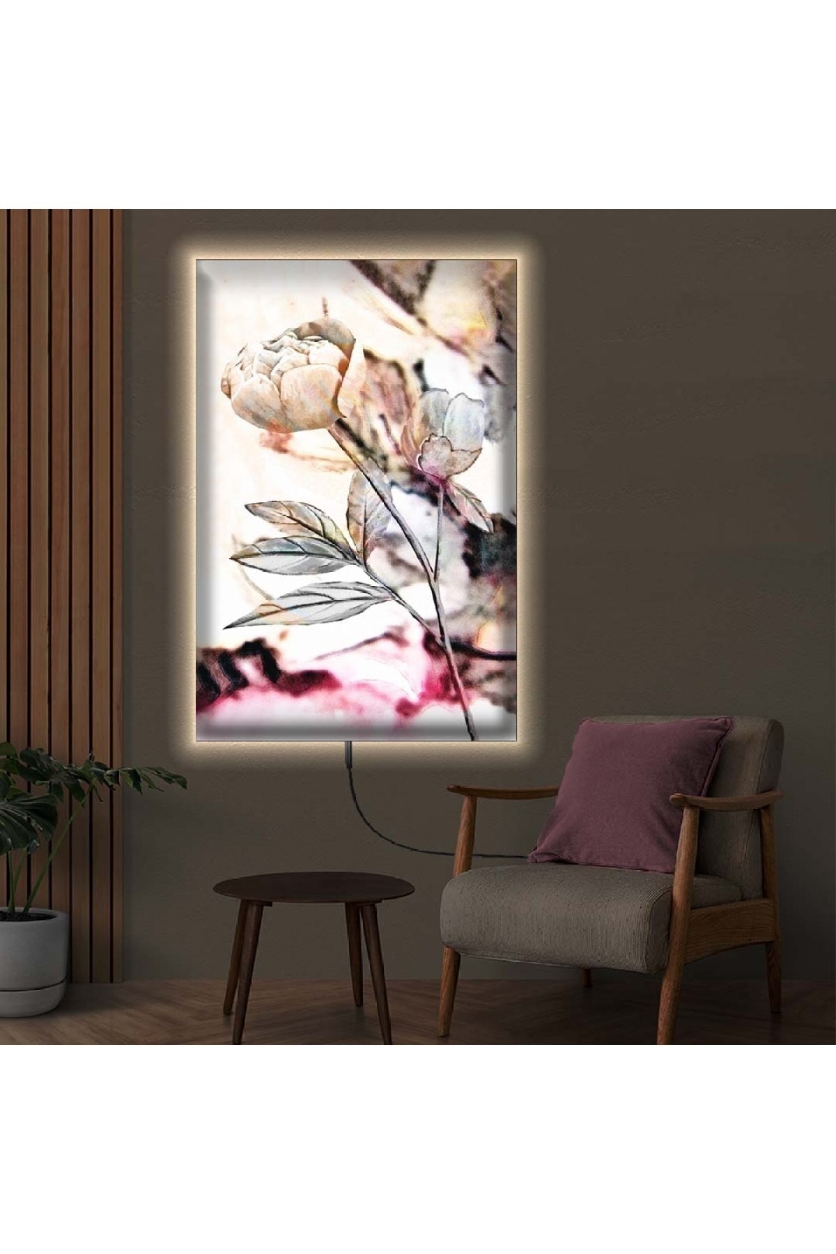 Oturma Odası Tablosu Ledli Çiçek Desen Ahşap Şase Dijital Baskı Kanvas Tablo 50X70Cm