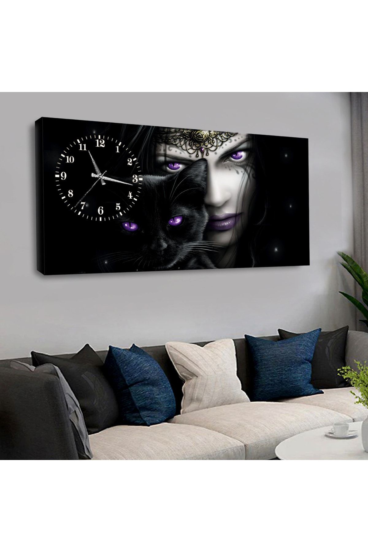 120x60 Saatli Kedi Kadın Kanvas Tablo