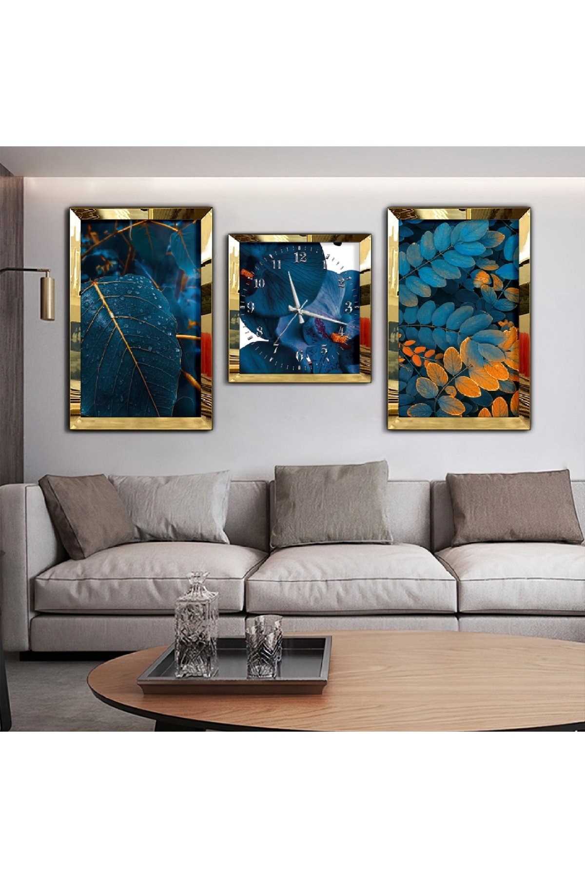 Mavi Bitki Aynalı Gold Pleksi Çerçeveli Solmaz MDF Tablo Ve Saat Seti