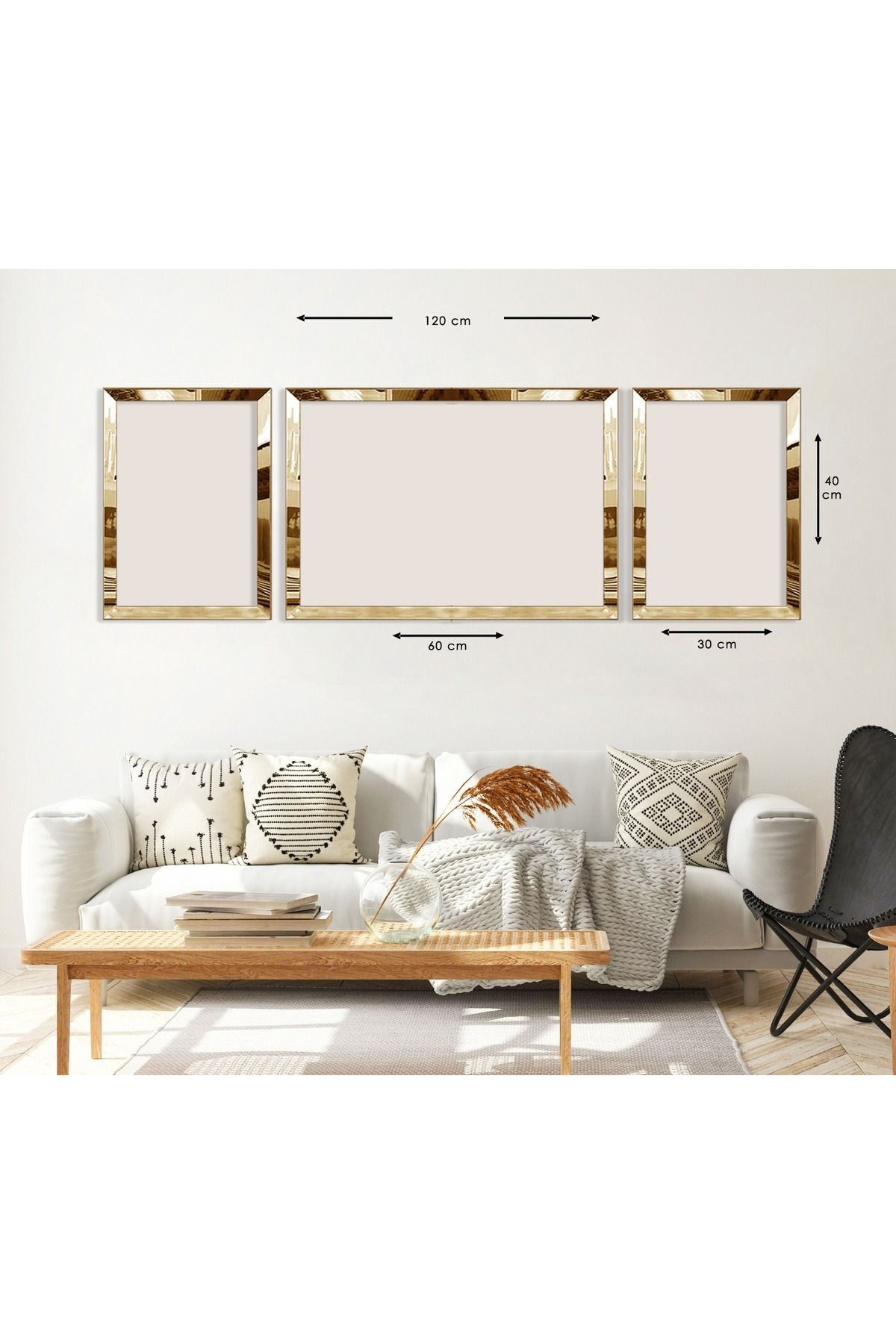 Gold Aynalı Pleksi Çerçeveli Üçlü Soyut Gold Desenli Mdf Tablo Seti