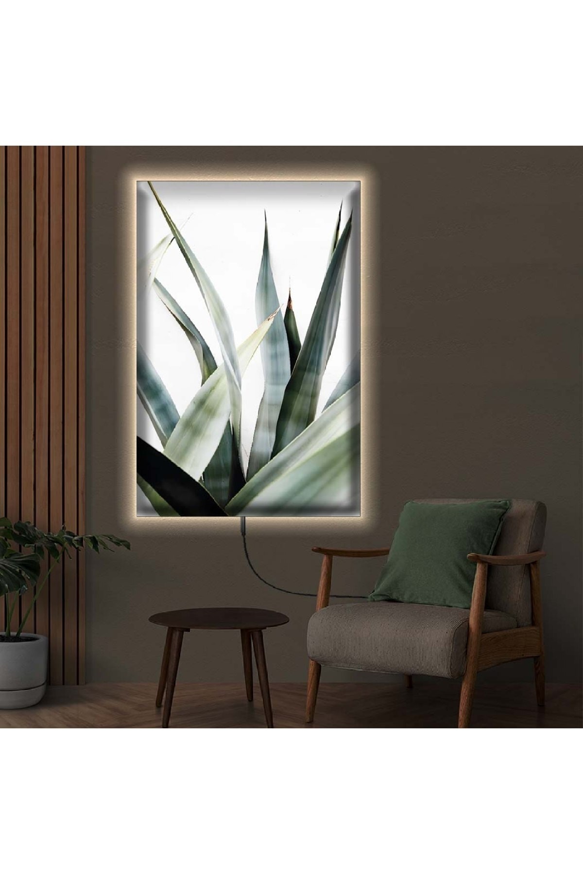 Ledli Yeşil Bitki Ahşap Şase Dijital Baskı Kanvas Tablo 50X70Cm