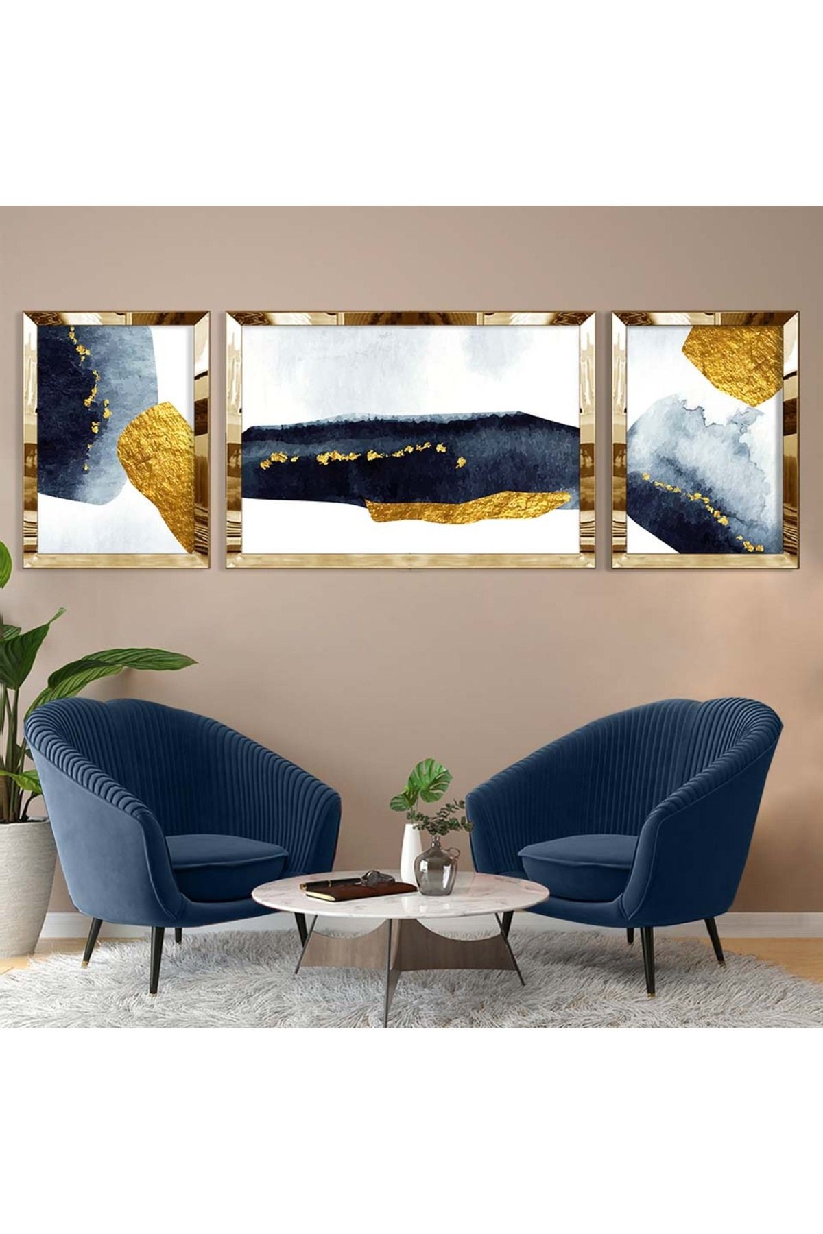 Gold Aynalı Pleksi Çerçeveli Üçlü Beyaz Arka Planlı Siyah Gold Desenli Mdf Tablo Seti