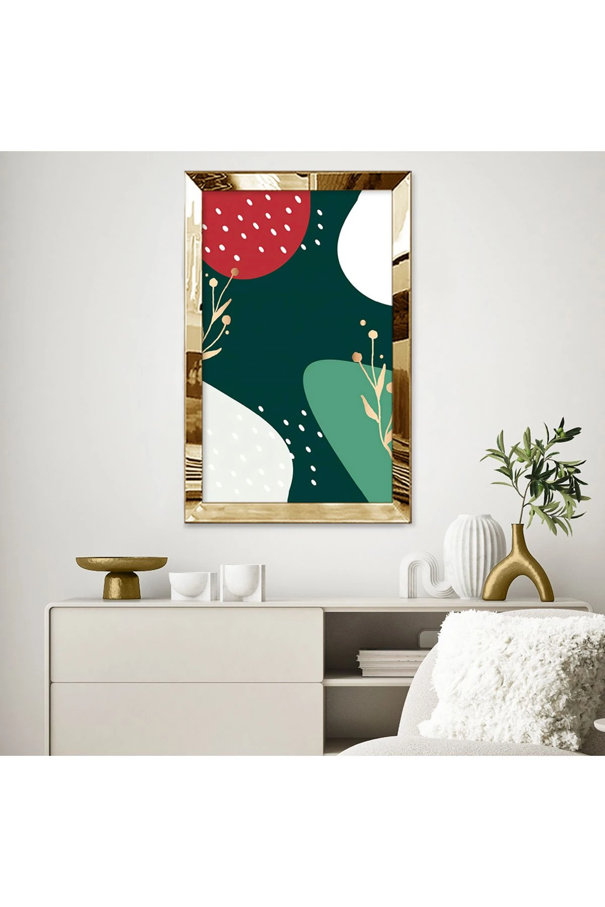 Gold Aynalı Pleksi Çerçeveli Yeşil Arka Planlı Renkli Soyut Görseller Mdf Tablo