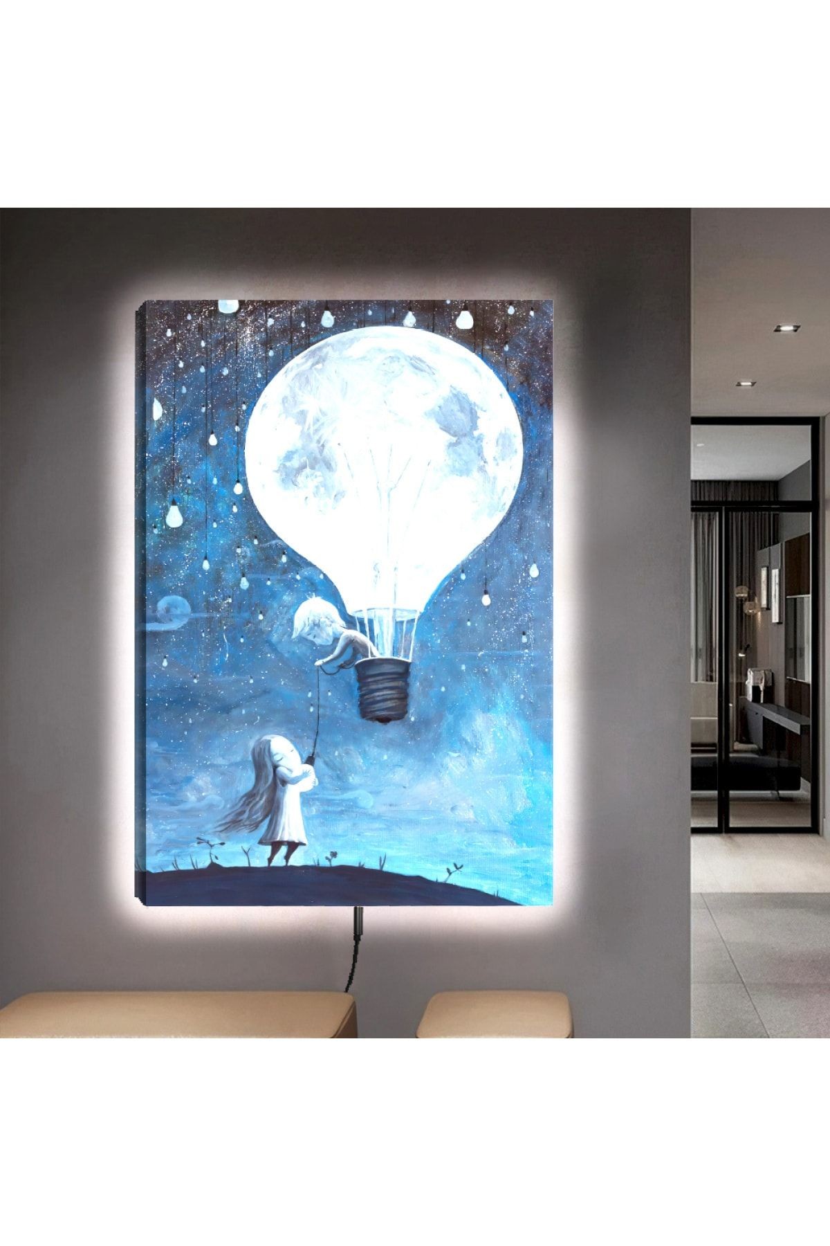 Kanvas Minimalist Insanlar Ve Beyaz Uçan Hava Balonu Ledli Tablo