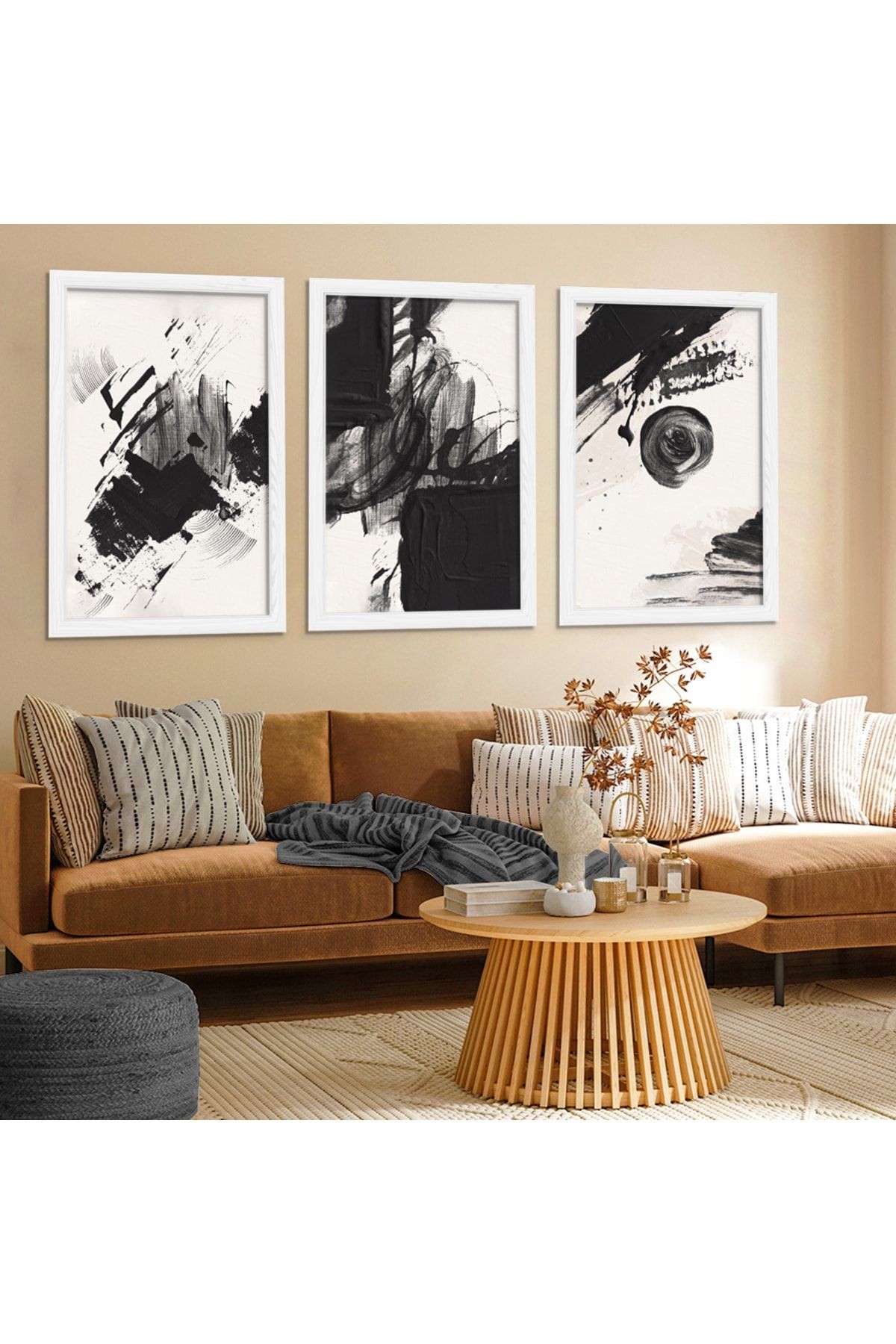 Beyaz Ahşap Çerçeveli Kolaj Çizim Modern Tablo