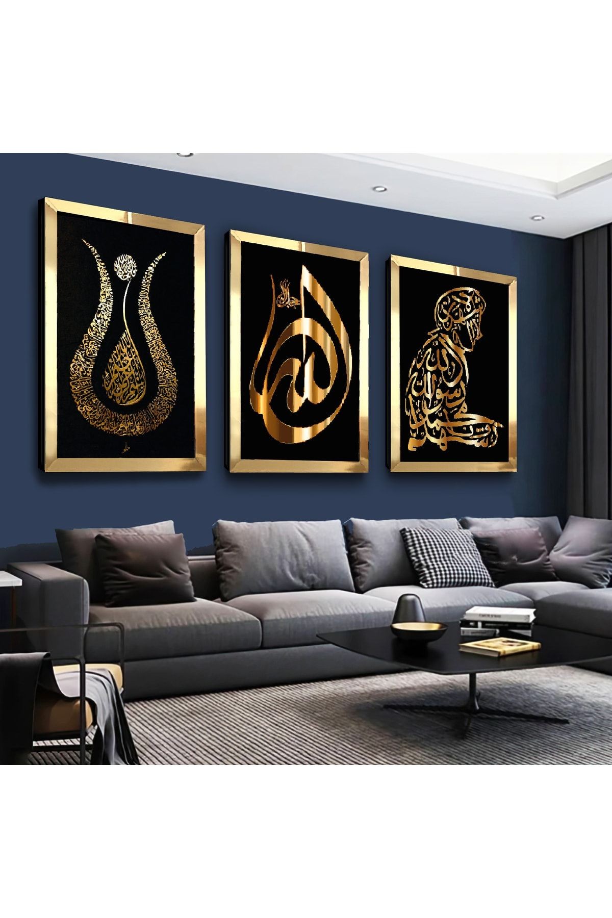 Gold Aynalı Pleksi Çerçeveli Lale Ve Secde Eden Adam Dini Üçlü Mdf Tablo Seti