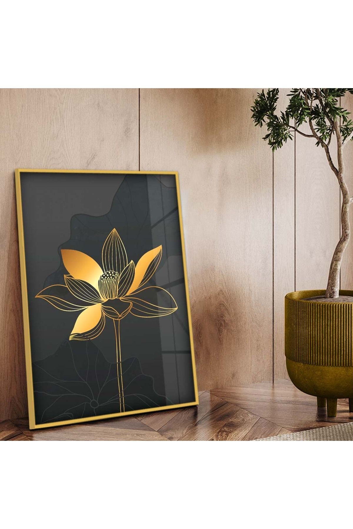 Gold Metal Çerçeveli Kolaj Çizim Çiçek Desen Kırılmaz Cam Tablo