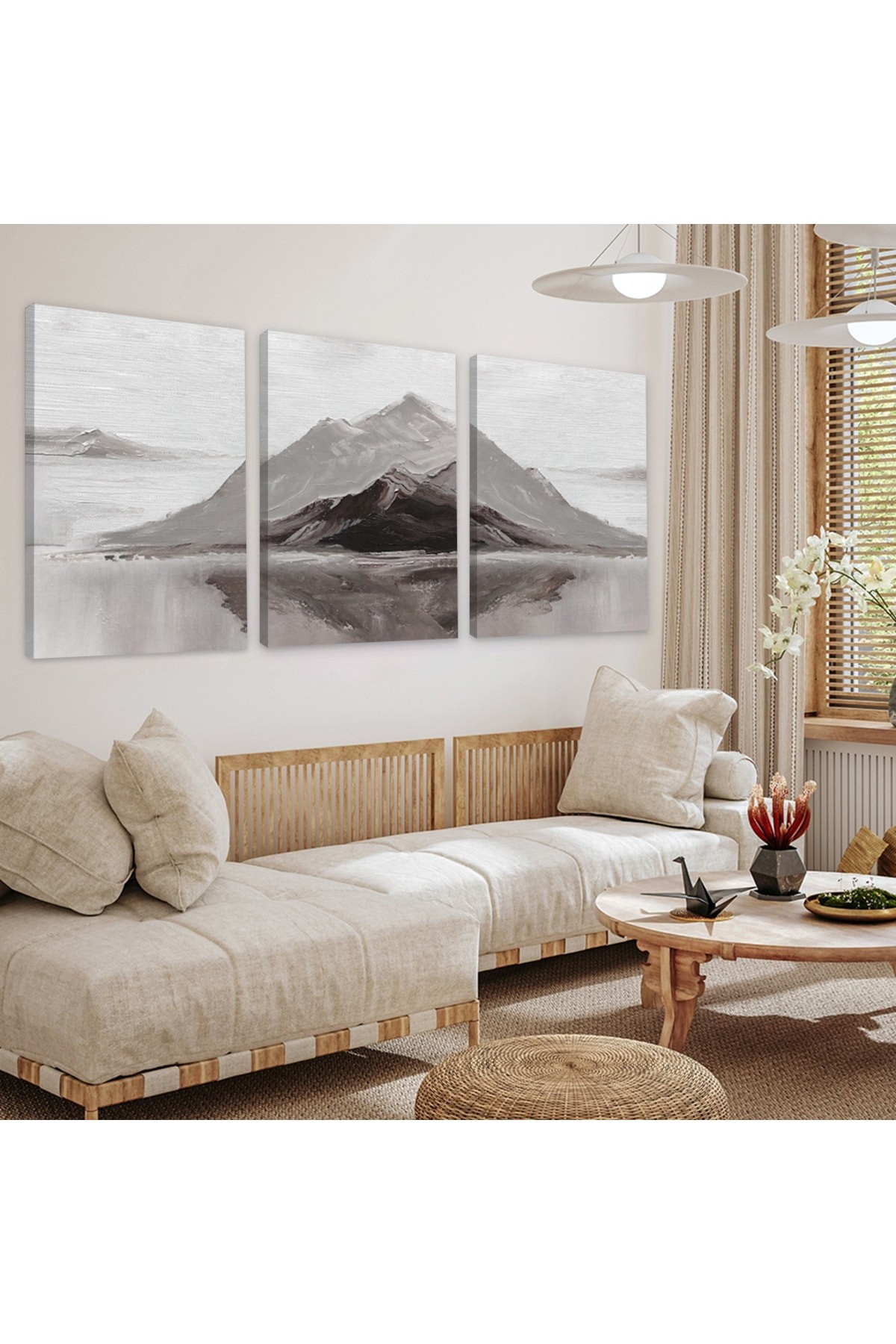 Minimalist Dağ Manzara Soyut Desen 3'Lü Ahşap Şase Dijital Baskı Kanvas Tablo