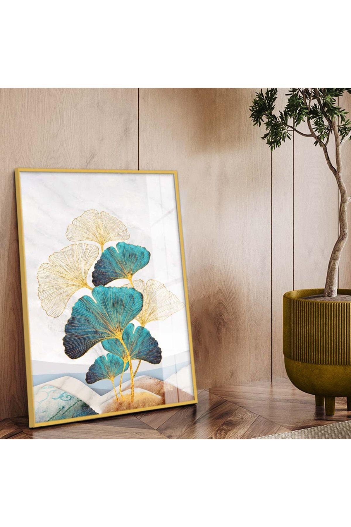 Gold Metal Çerçeveli Modern Çizim Çiçek Desen Kırılmaz Cam Tablo