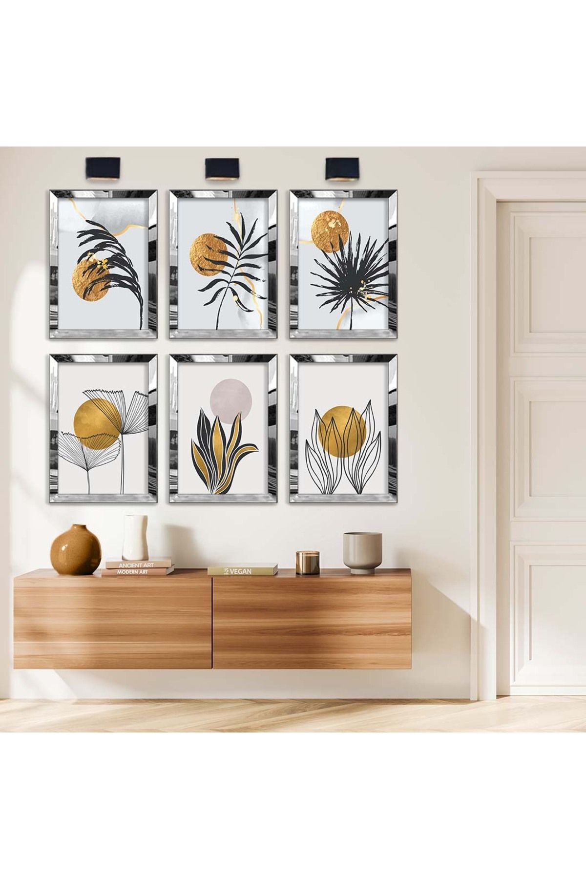 Gümüş Aynalı Pleksi Çerçeveli Modern Çizim Çiçek Ve Yaprak Desen Altılı Mdf Tablo Seti