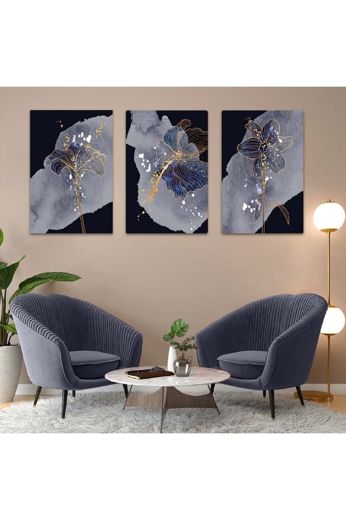 Mor Bitki Soyut Desen 3'Lü Solmaz MDF Tablo Set