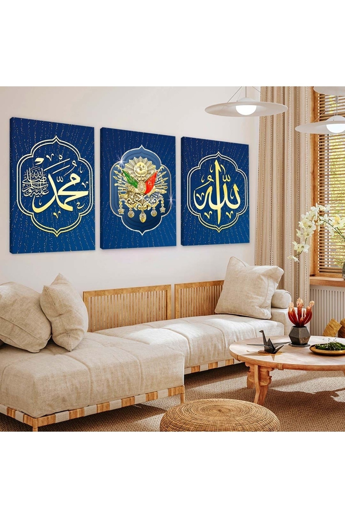 Zevahir 3'lü Kanvas Osmanlı Tuğrası Ve Allah Hz Muhammed Lafzı Tablo