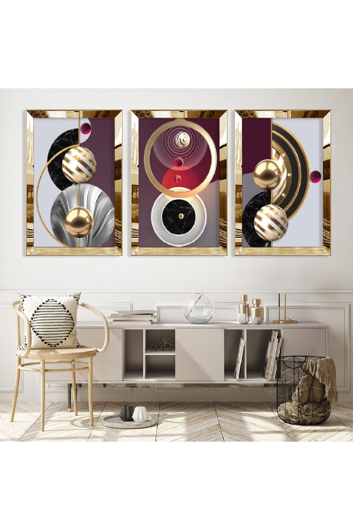 Gold Aynalı Pleksi Çerçeveli Minimalist Aynalı Üçlü Mdf Tablo Seti