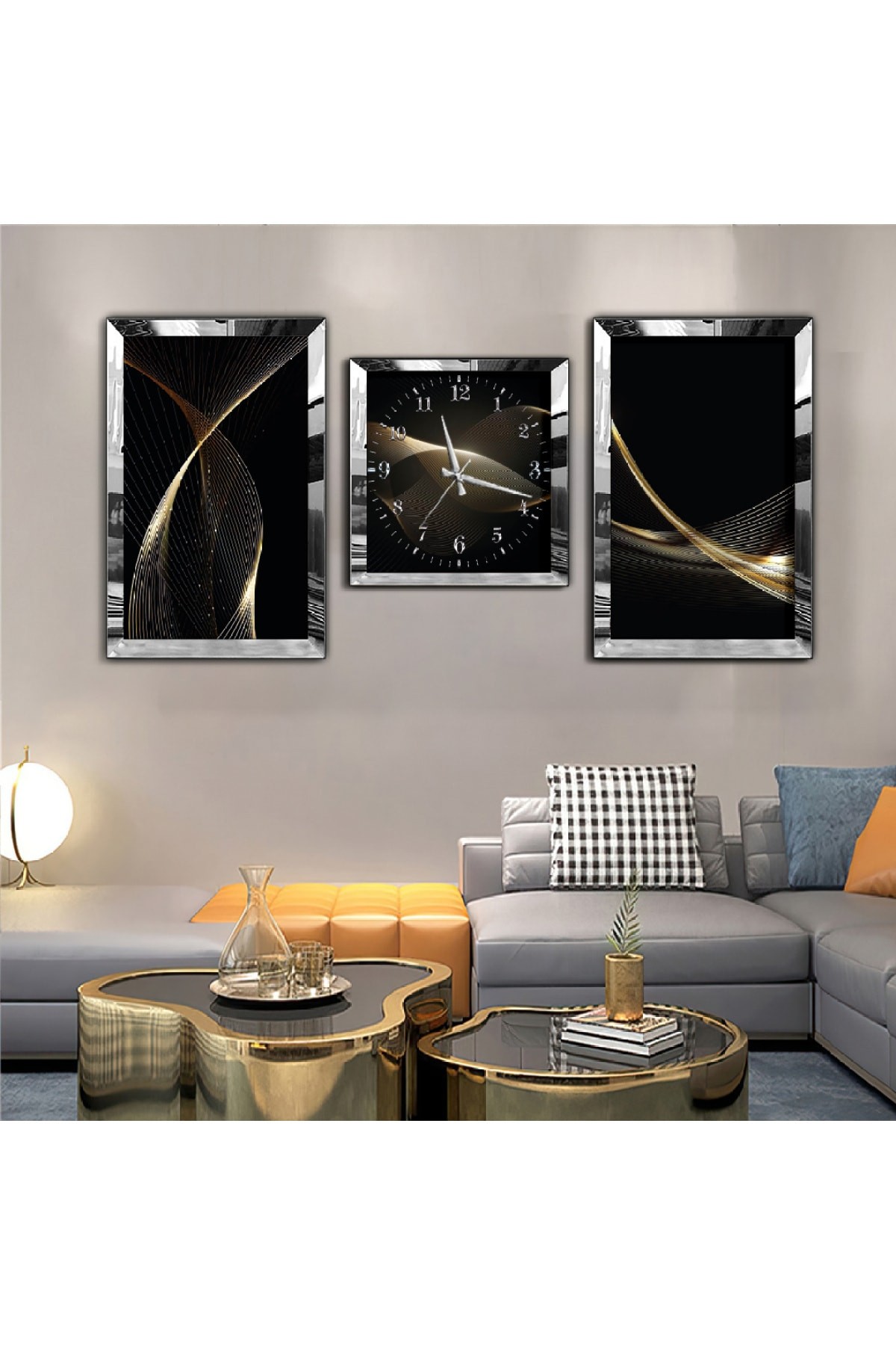 Minimalist Tablo Siyah Renk Aynalı Gold Pleksi Çerçeveli MDF Tablo Ve Saat Seti