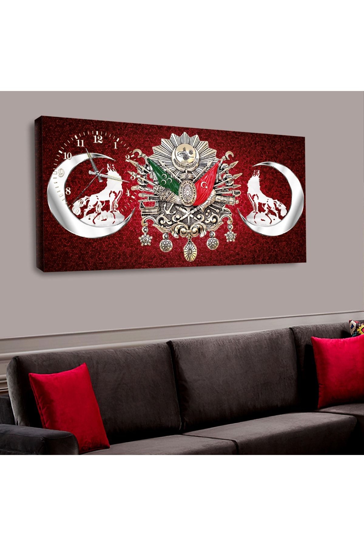 120x60 Saatli Osmanlı Tuğrası Kanvas Tablo